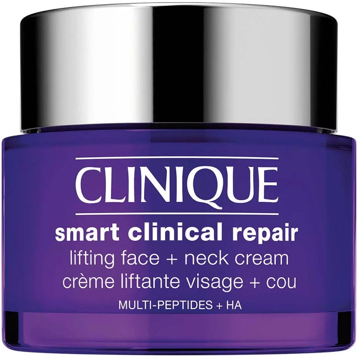 Clinique Smart Clinical Repair Lifting Face + Neck Cream lyftande ansiktskräm med peptider i lila burk med silverlock