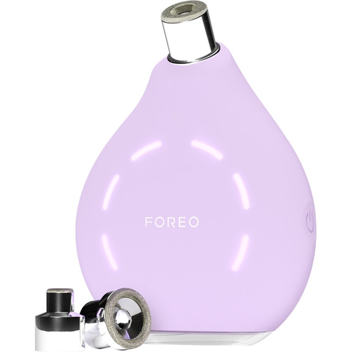 FOREO KIWI Derma 1 st beauty tech för hudvård i lila droppformad design med tre utbytbara silverhuvuden.