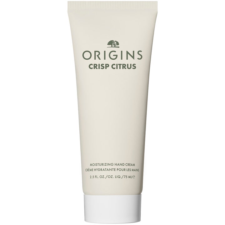 Origins Crisp Citrus 75 ml citrus återfuktande handkräm i en beige plasttub med grönt tryck och vitt lock.
