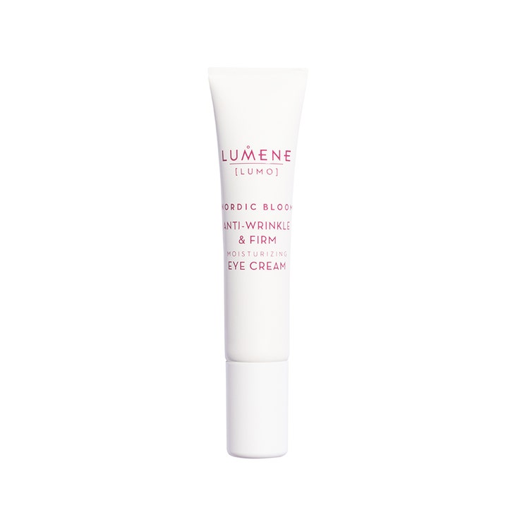 Lumene Nordic Bloom 15 ml fast ögonkräm mot rynkor i en stilren vit tub med röd text och vitt lock.