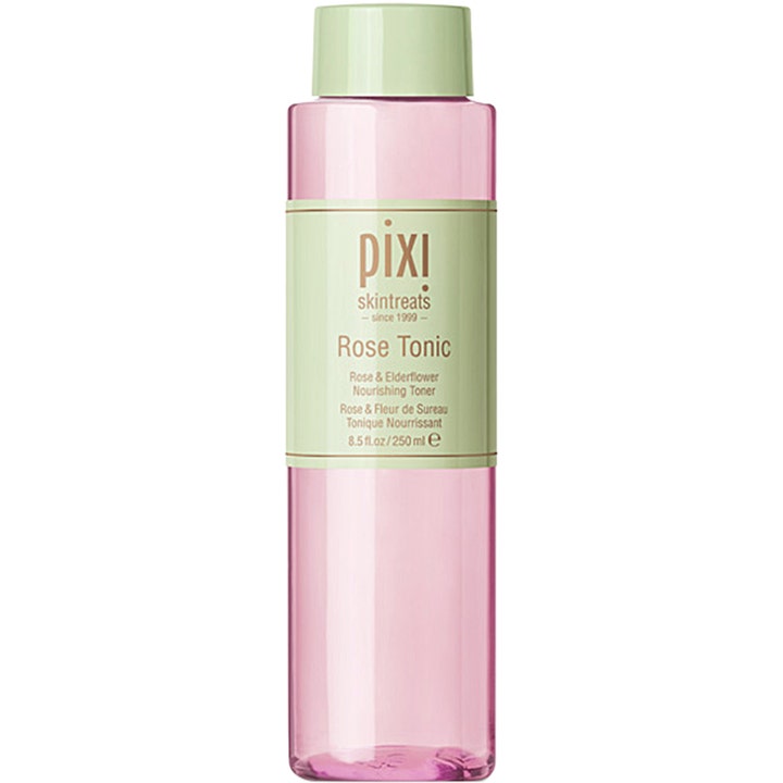 Pixi Rose Tonic 250 ml lugnande ansiktsvatten med rosenvatten i en rosa genomskinlig flaska med mintgrönt lock