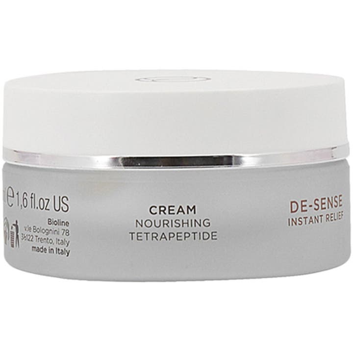 Bioline De-Sense Instant Relief 50 ml intensivt närande ansiktskräm känslig hud i frostad glasburk med vitt lock.