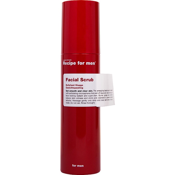 Recipe for men Facial Scrub 100 ml exfolierande ansiktsskrubb herr som ger klar hy i röd cylindrisk flaska.