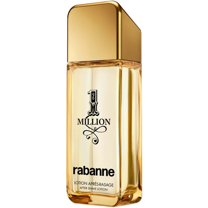 Rabanne 1 Million aftershave lyxigt rakvatten herr i genomskinlig glasflaska med guldlock och gyllene vätska.