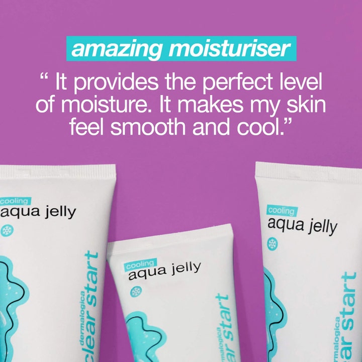 Dermalogica Cooling Aqua Jelly 59 ml svalkande gel på lila bakgrund med texten amazing moisturiser