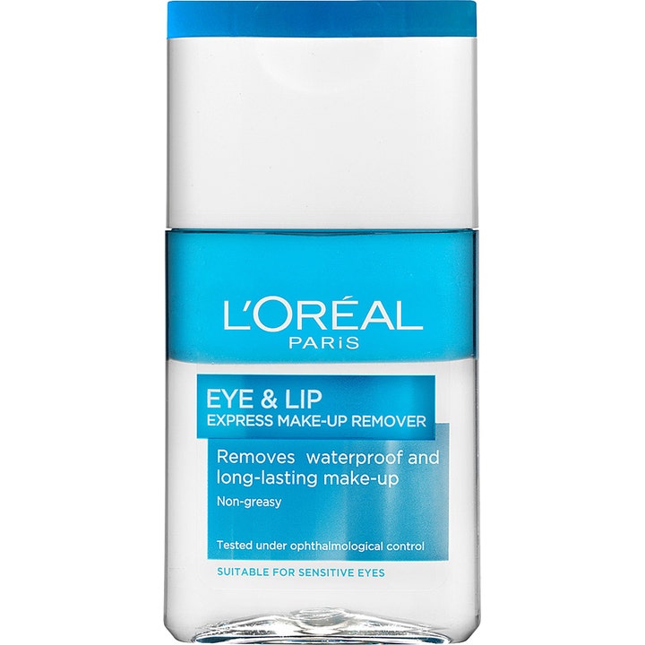 L'Oréal Paris Eye & Lip Express Make-up Remover ögonsminkremover för känsliga ögon i flaska med blå tvåfasvätska