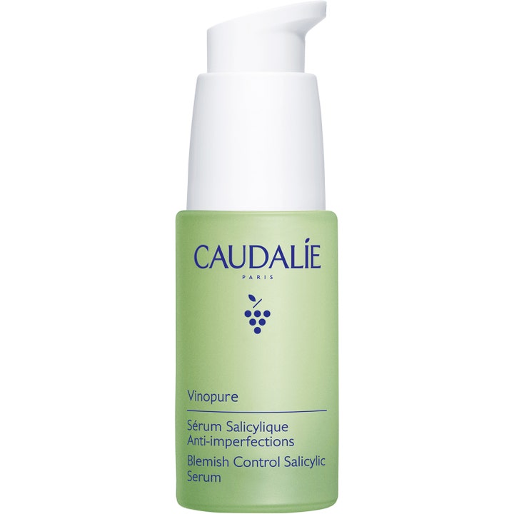 Caudalie Vinopure Blemish Control Salicylic Serum 30 ml mot orenheter i ljusgrön frostad glasflaska med vit pump