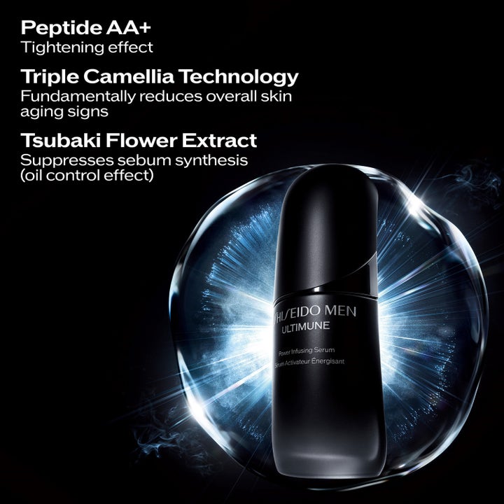 Shiseido Ultimune Men 2.0 Power Infusing Concentrate 50 ml serum med Peptide AA+ och Tsubaki i svart flaska.