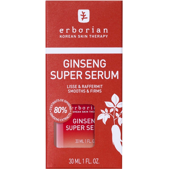 Erborian Ginseng Super Serum 30 ml anti age serum med ginseng i en röd ytterförpackning som slätar ut huden.