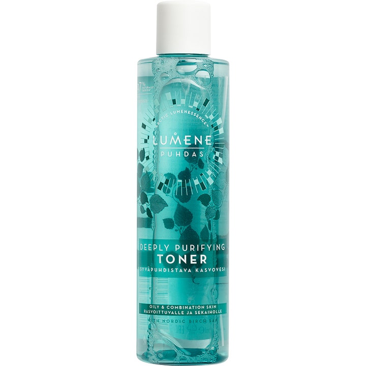 Lumene Puhdas Deeply Purifying Toner 200 ml djuprengörande ansiktsvatten med björksav i turkos flaska med vitt lock.