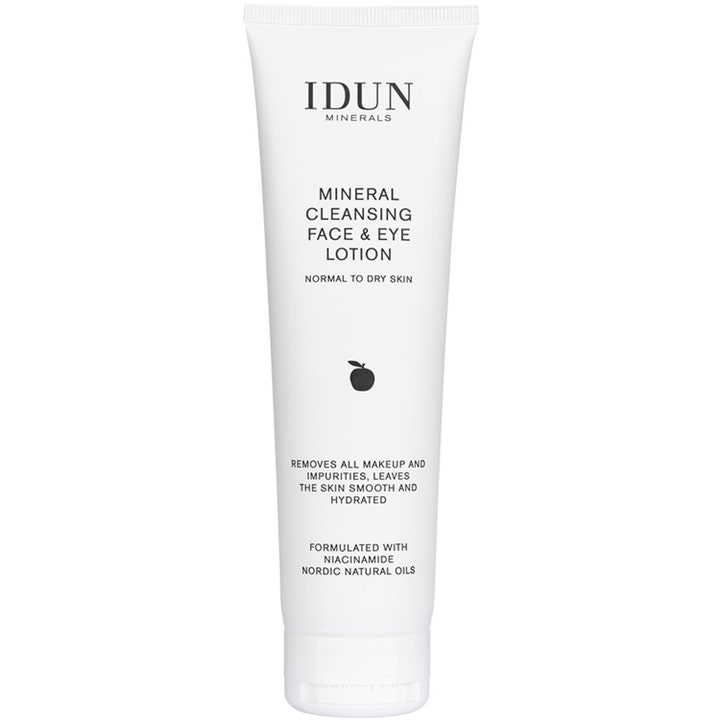 IDUN Minerals Mineral Cleansing Face & Eye Lotion återfuktande ansiktsrengöring niacinamid för torr hy i vit tub.