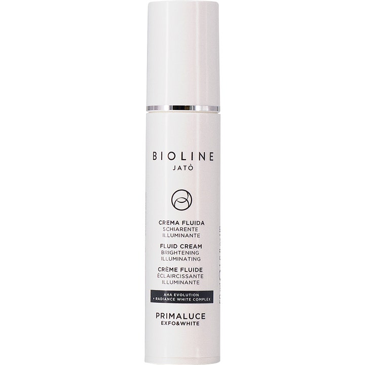 Bioline Jatò Primaluce Exfo&White Fluid Cream 50 ml lystergivande ansiktskräm i vit hög pumpflaska med silverkant