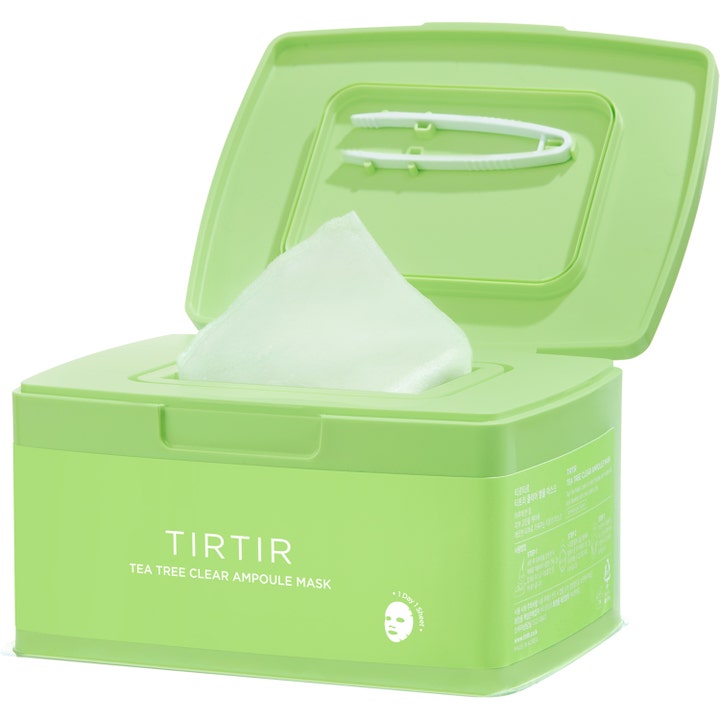 TIRTIR Tea Tree Clear Ampoule Mask 30 st klarande ansiktsmask för pormaskar i öppen grön plastbox med tillhörande pincett.