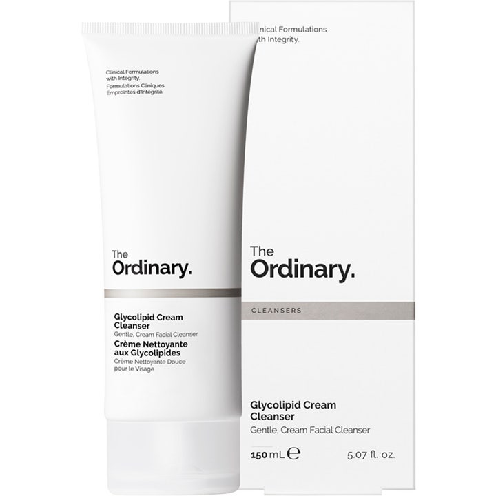The Ordinary Glycolipid Cream Cleanser 150 ml rengöringskräm i vit tub med tillhörande ytterförpackning.
