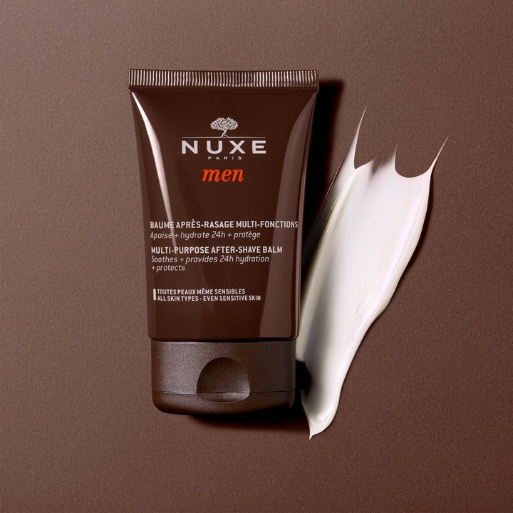 Nuxe Men Multi-Purpose After-Shave Balm 50 ml lugnande after shave balsam för känslig hud i brun tub med vit krämig textur
