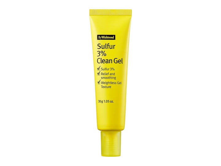 By Wishtrend Sulfur 3% Clean Gel 30 g aknegel för fet hy behandling i en klargul tub med matchande skruvkork.