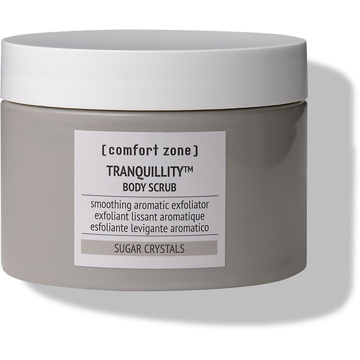 Comfort Zone Tranquillity Body Scrub aromatiskt exfolierande kroppsskrubb i grå burk med vitt lock som ger mjuk hud.