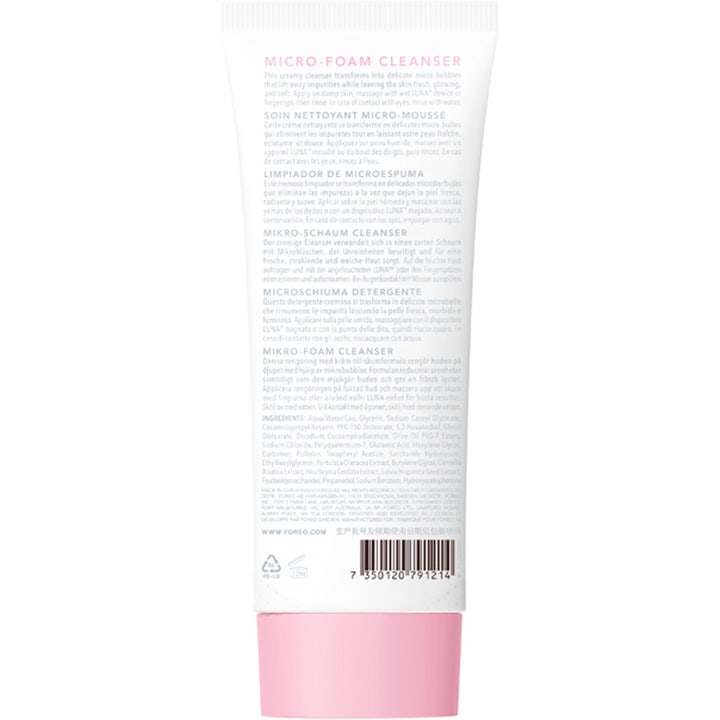 FOREO Luna Micro-Foam Cleanser 2.0 100 ml djuprengörande återfuktande skum på vit tub med produktinfo