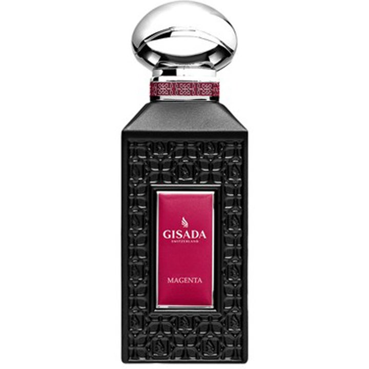 Gisada Magenta Eau de Parfum 100 ml unisex parfym i svart mönstrad flaska med magentafärgad etikett och silverkork