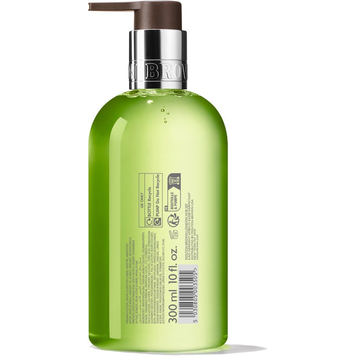Molton Brown Lime & Patchouli Hand Wash 300 ml handtvål i flaska med grön gel sedd från baksidan med ingredienser
