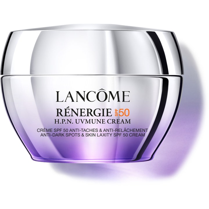 Lancôme Rénergie H.P.N. UVMUNE Cream SPF 50 anti-aging kräm med UVA skydd i rund silverfärgad och lila burk