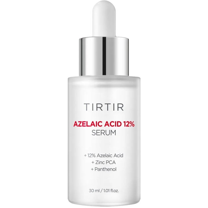 TIRTIR Azelaic Acid 12% Serum 30 ml lugnande serum i frostad glasflaska med silverfärgad pipettkork.