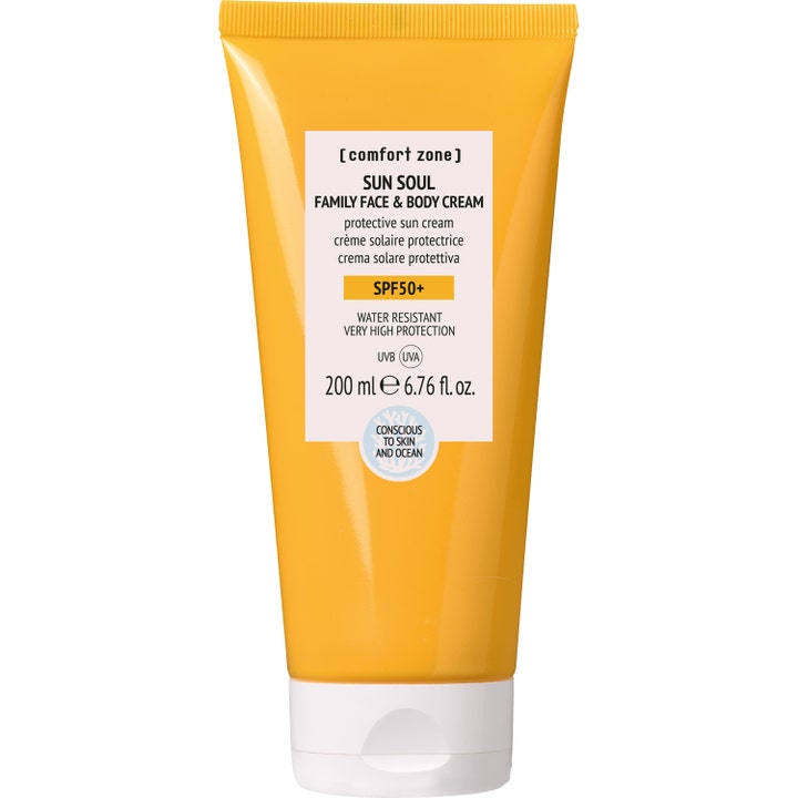 Comfort Zone Sun Soul Family Face & Body Cream 200 ml vattentålig solkräm spf50 för ansikte och kropp i orange tub.