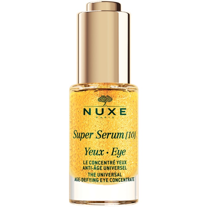 Nuxe super serum ögon 15ml anti-rynk ögonserum i glasflaska med guldlock fylld av gyllene mikrokapslar