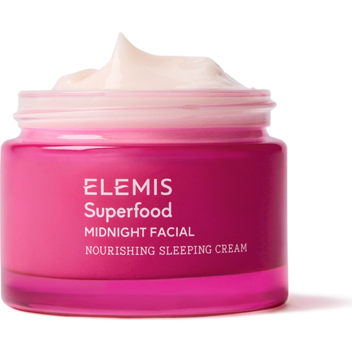 Elemis Superfood Midnight Facial 50 ml lyxig återfuktande nattmask i lila glasburk med en krämig ljus textur
