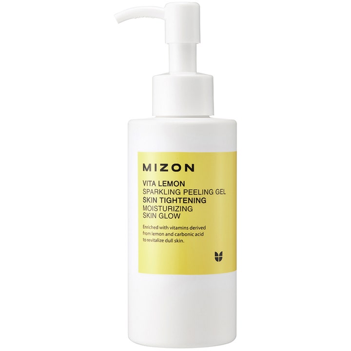 Mizon Vita Lemon Sparkling Peeling Gel 150ml exfolierande peeling gel som ger lyster i vit pumpflaska med gul etikett.
