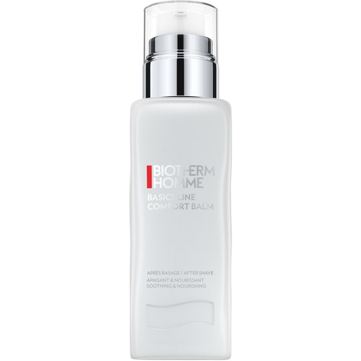 Biotherm Homme Basics Line Comfort Balm lugnande after shave i vit frostad flaska med pump och silverdetaljer