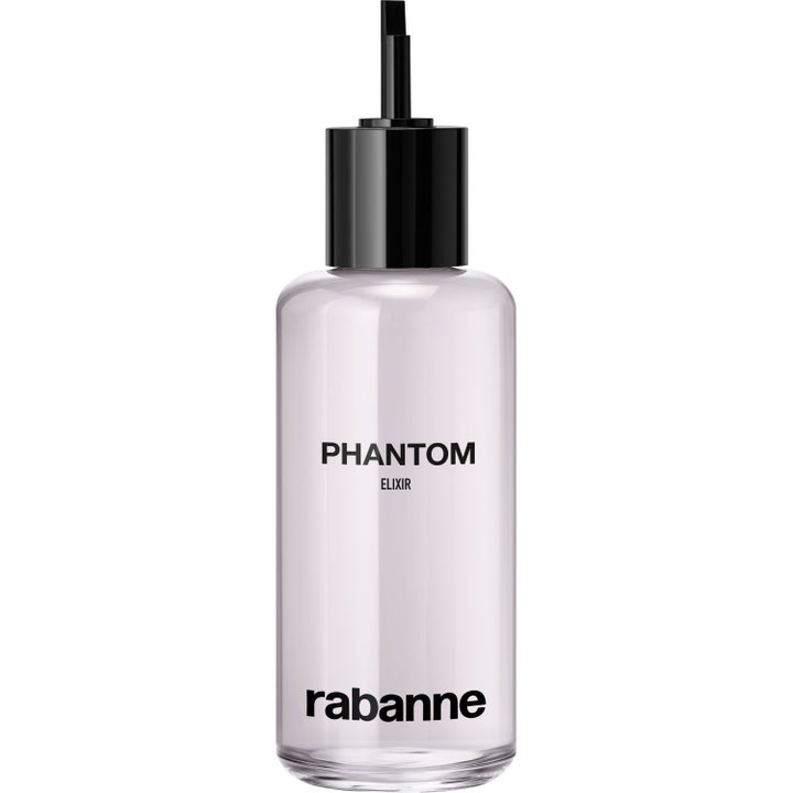 Rabanne Phantom Elixir 200ml refill intensiv parfym i en genomskinlig cylinderformad flaska med svart pip