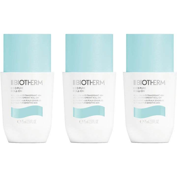 Biotherm Deo Pure Roll-On 3-pack 75ml antiperspirant ger 48h skydd i vita flaskor med ljusblå lock.