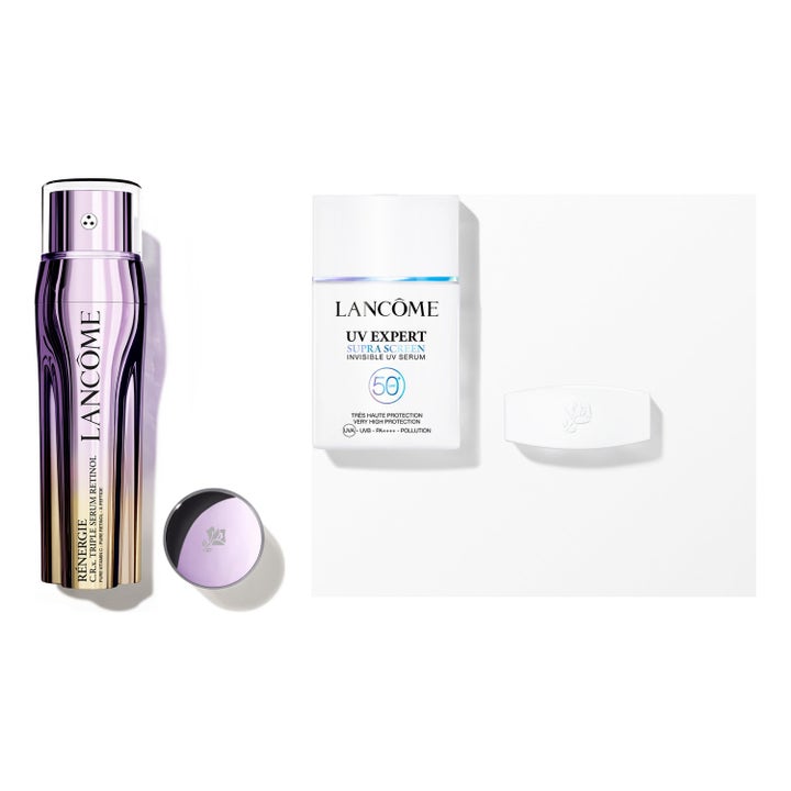 Lancôme Rénergie Triple Serum och UV Expert Supra Screen ansiktsserum som ger lyster i lila metallisk flaska och vit tub
