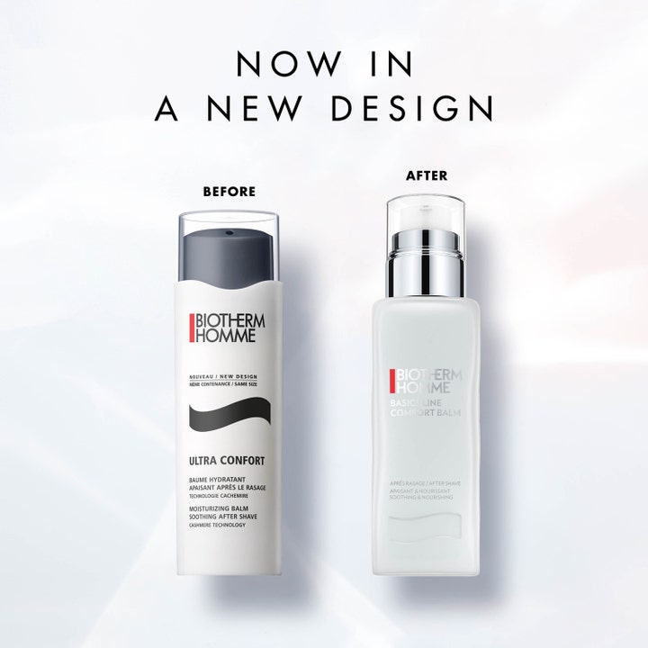Biotherm Homme Ultra-Confort Balm 75 ml återfuktande ansiktskräm visar gammal och ny förpackningsdesign.