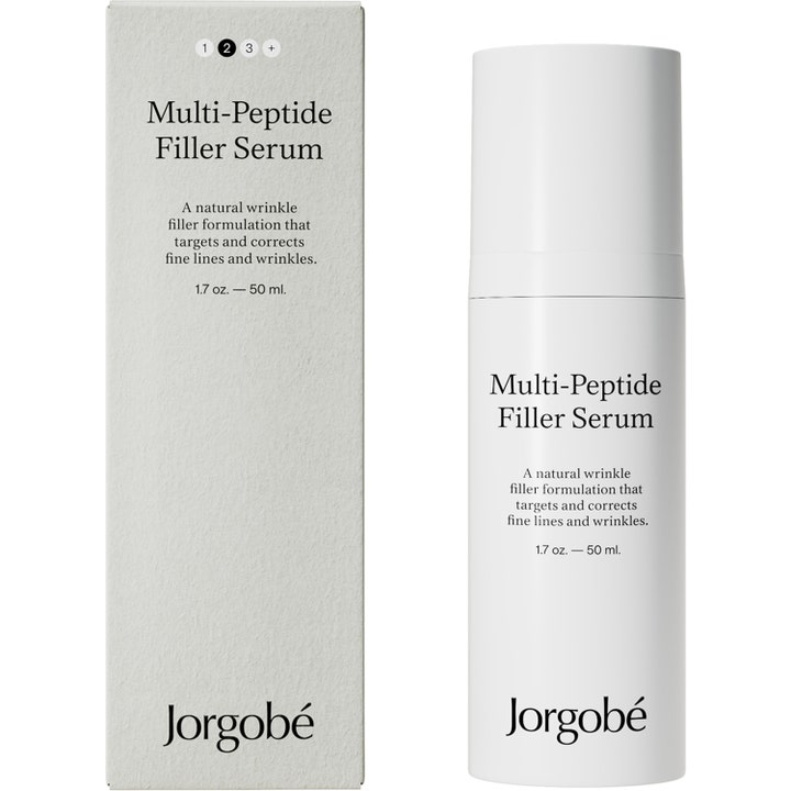 Jorgobé Multi-Peptide Filler Serum 50 ml rynkreducerande filler serum med peptider i vit flaska och ytterkartong