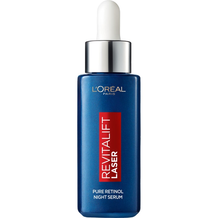 L'Oréal Paris Revitalift Laser nattserum är ett antikrynk retinolserum i mörkblå glasflaska med silverkork och vit pipett.