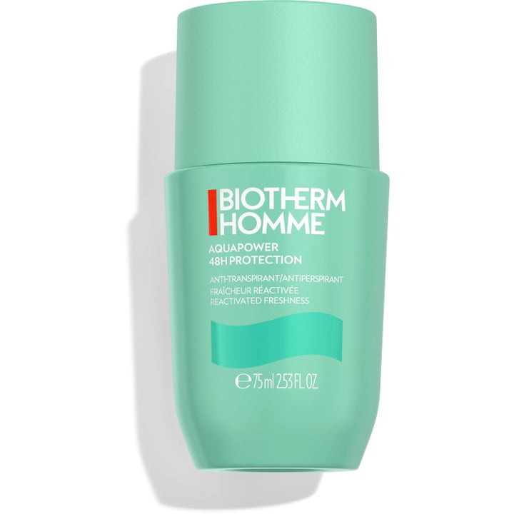 Biotherm Homme Aquapower 48H Protection 75 ml biotherm homme deodorant ger kylande effekt i en ljust turkos plastflaska.