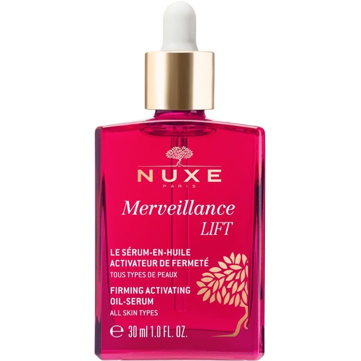 Nuxe Merveillance Lift 30 ml aktiverande ansiktsolja serum ger spänst i en ceriserosa glasflaska med guldkork.