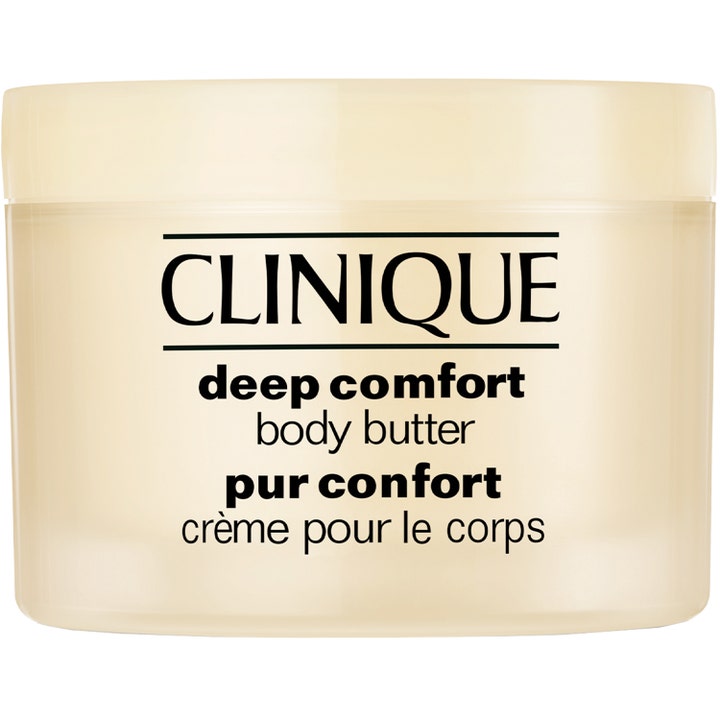 Clinique Deep Comfort Body Butter mjukgörande clinique kroppssmör i en ljusbeige plastburk som ger huden intensiv fukt