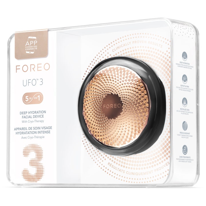 FOREO UFO™ 3 Black 1 st ansiktsmassage apparat i genomskinlig förpackning för ansiktsbehandling hemma med led-ljus
