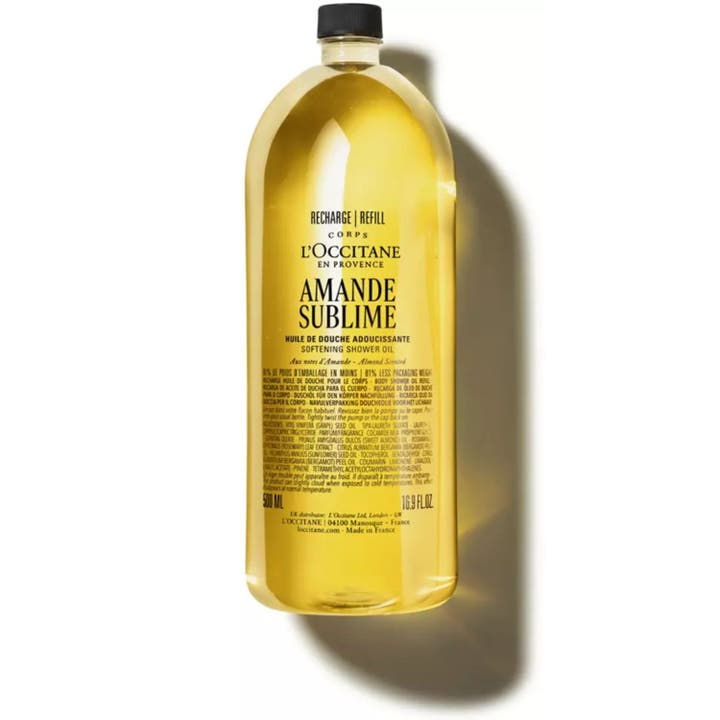L'Occitane Almond Shower Oil 500ml refill är en fuktgivande mandelolja i en gul återvunnen flaska med svart lock.