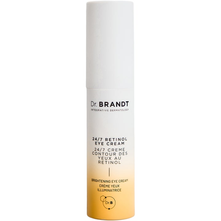 Dr. Brandt 24/7 Retinol Eye Cream anti-age uppstramande ögonkräm i en vit och gultonad cylinderformad pumpflaska
