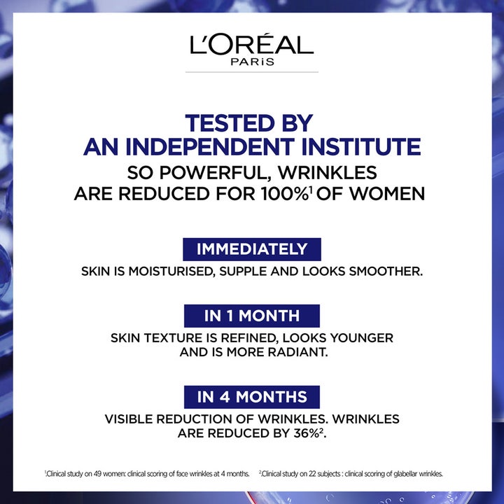 L'Oréal Paris Laser Pure Retinol Night Serum 30 ml antikrynk nattserum med grafik som visar testresultat för rynkor
