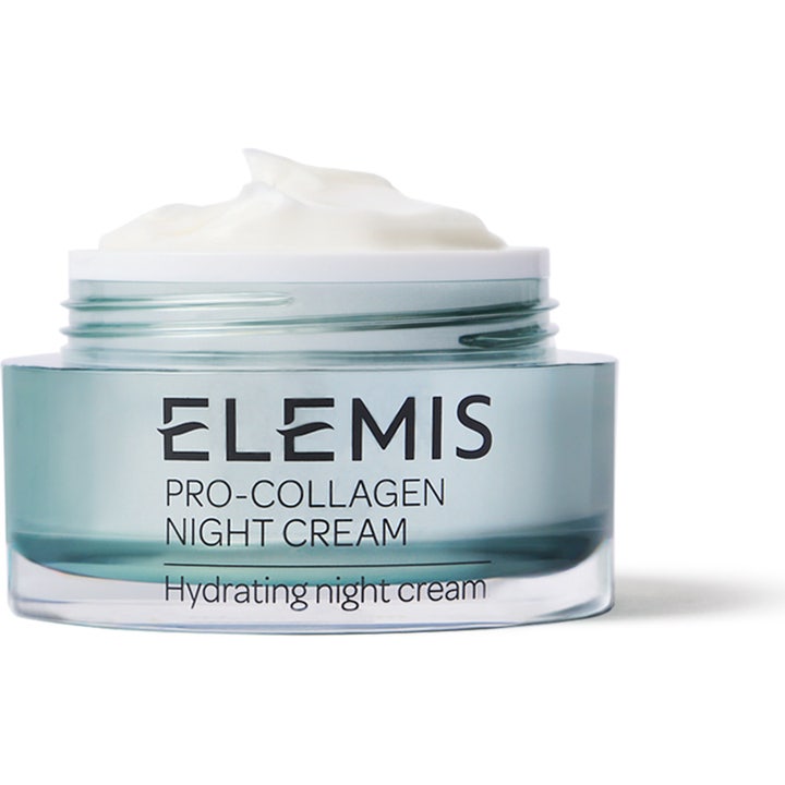 Elemis Pro-Collagen Night Cream 50 ml återfuktande nattkräm i glasburk med mjuk vit krämig formula synlig