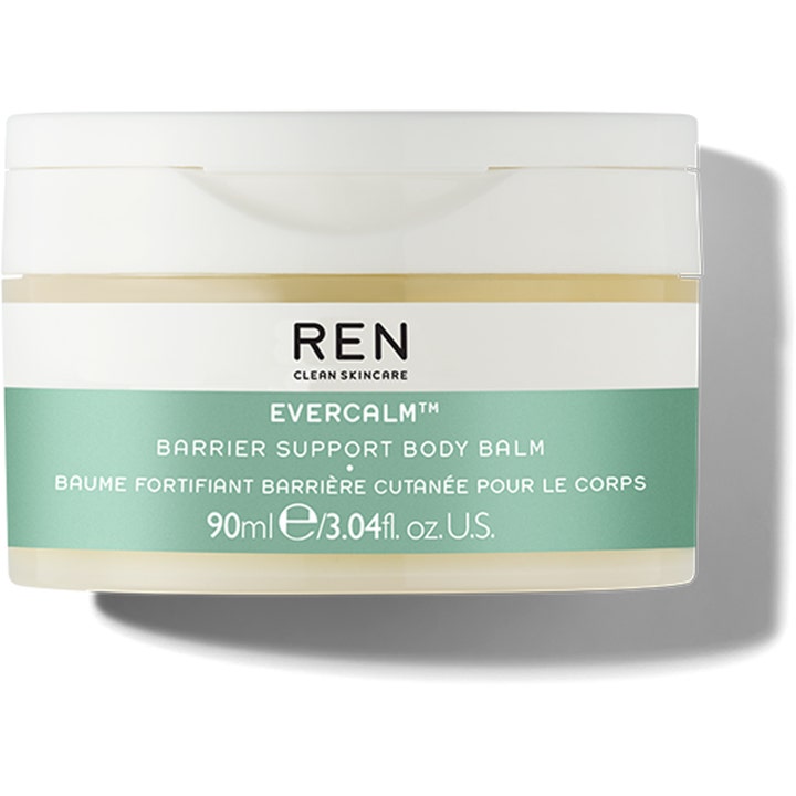 REN Evercalm Barrier Support Body Balm 90ml stärker din hudbarriär i en frostad burk med vitt lock och grön etikett.
