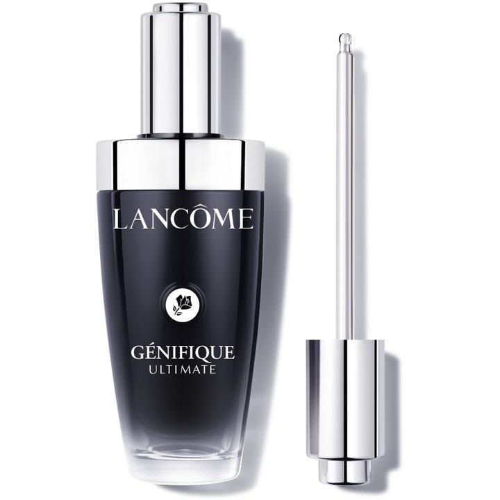 Lancôme Génifique Ultimate anti aging serum för mogen hy i svart tonad glasflaska med silverfärgad dropper.