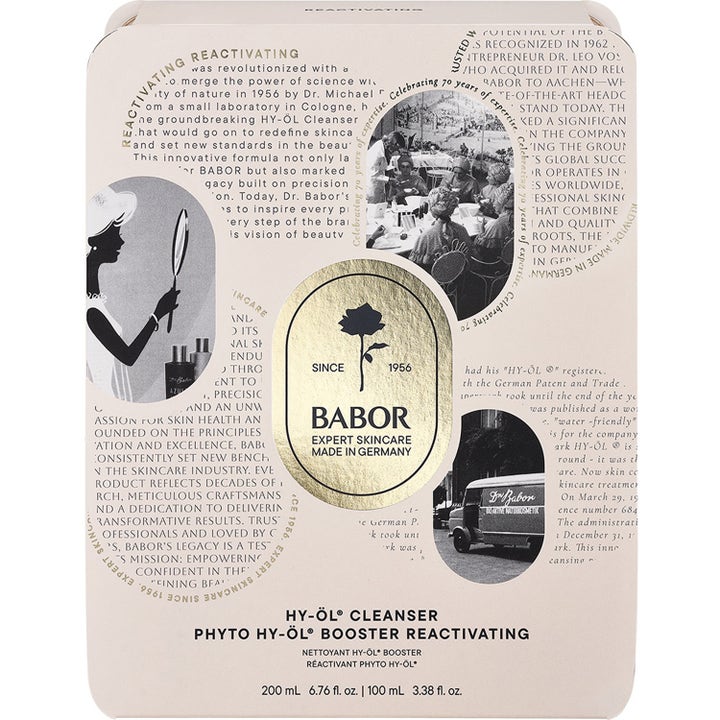 Babor Anniversary Set HY-ÖL & Phyto Reactivating 300 ml ansiktsvård i beige förpackning med guldlogga och retrobilder.