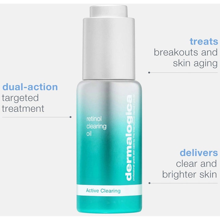 Dermalogica Retinol Clearing Oil 30 ml ansiktsolja i turkos flaska som motverkar blemmor och ålderstecken.