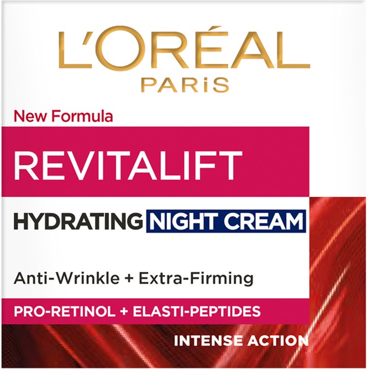 L'Oréal Paris Revitalift Night Cream 50 ml nattkräm i ytterförpackning med texten pro-retinol som ger fastare hud.